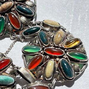 Vintage Gemstone Medallions Sterling Silver 925 Bracelet Carnelian Malachite